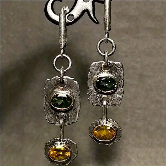Silver Citrine Peridot Dangle Vintage Boho Earrings - Picture 2 of 5